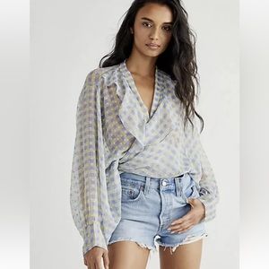 Free People Picnic Plaid, Tie front, Blue and Yellow Kimono, One Size